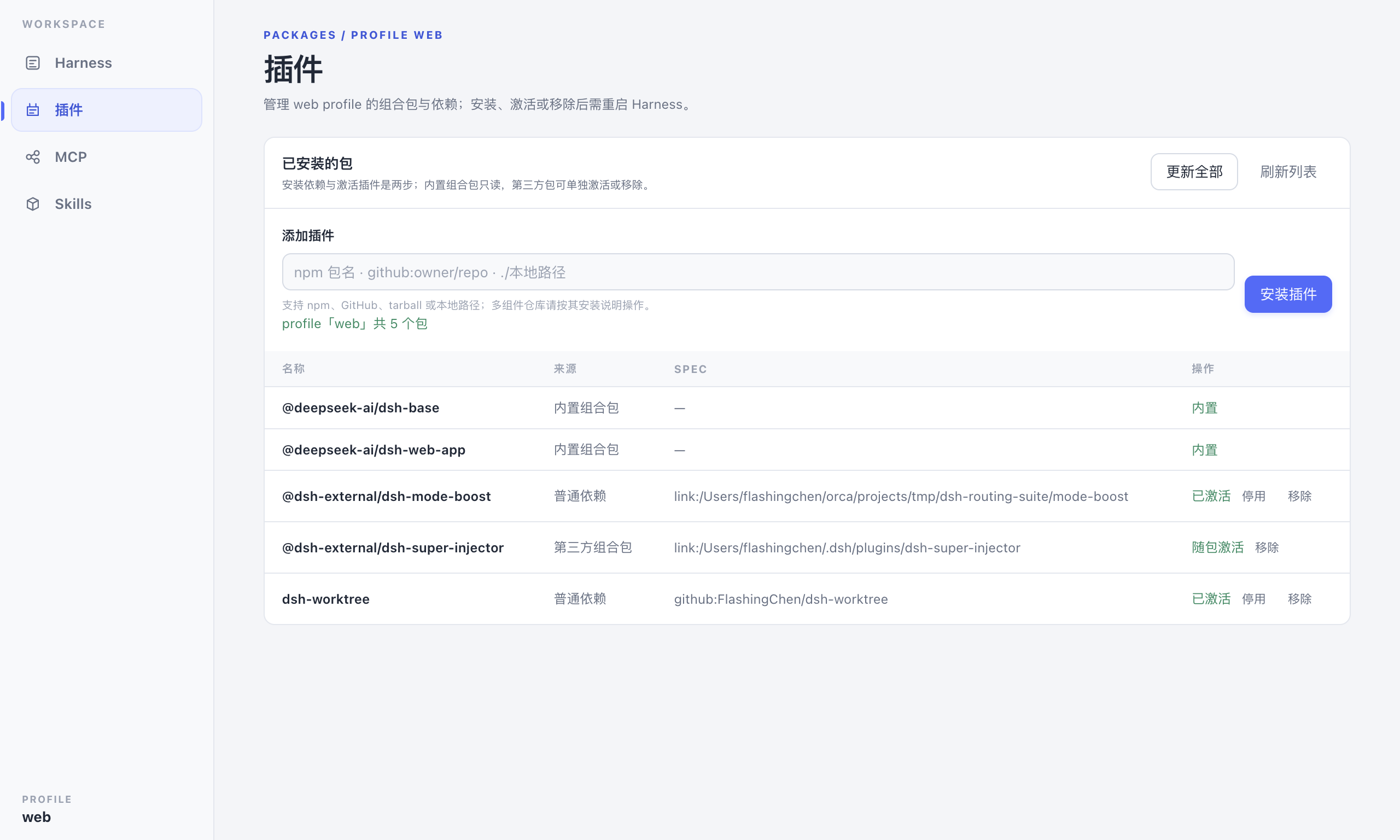 插件系统:组合包与依赖管理画面